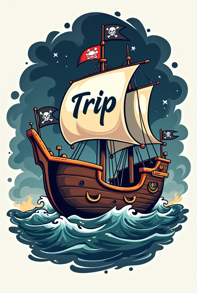 A cute pirate ship motif illustration is used as the background.、A modern and stylish monotone logo with the Trip Theater lettering in the center.。square