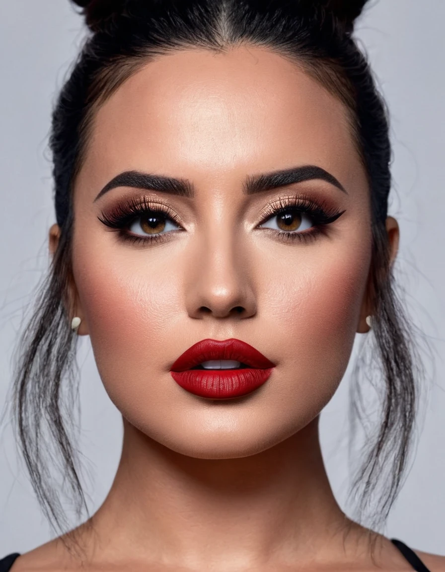 A waist-up portrait of a beautiful female whose face combines features of Demi Lovato + Ana de Armas. The female has lovely makeup on her face. The female wears red lipstick. Symmetrical eyes. Symmetrical face. Lovely details. Photorealistic. Full-colored photo. Professional photo. Highly detailed 8K.
