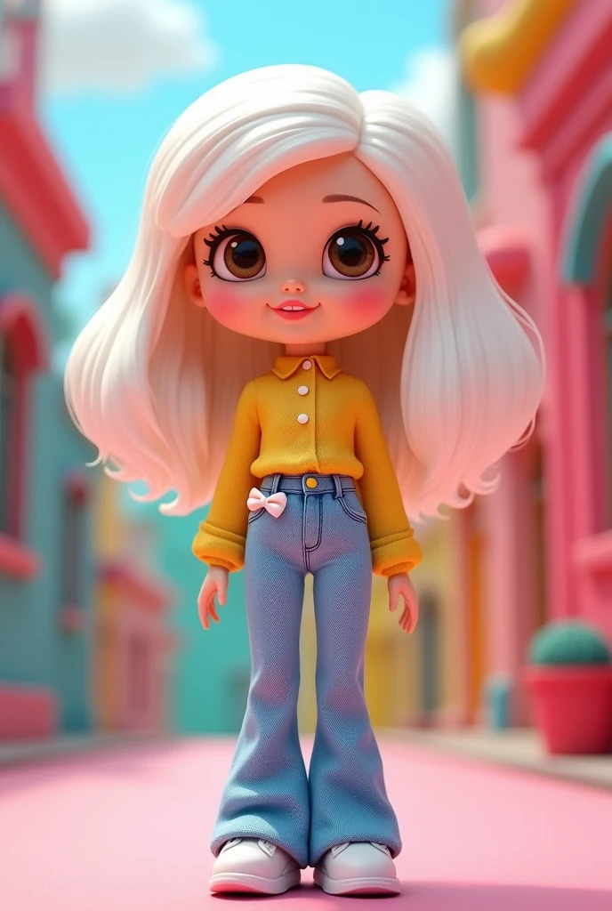 Cartoon Barbie with white hair ,short ,brown eyes dressed in light blue bell-bottom jeans ,Yellow long-sleeved button-down shirt with a white bow on the side ,WHITE TENNIS