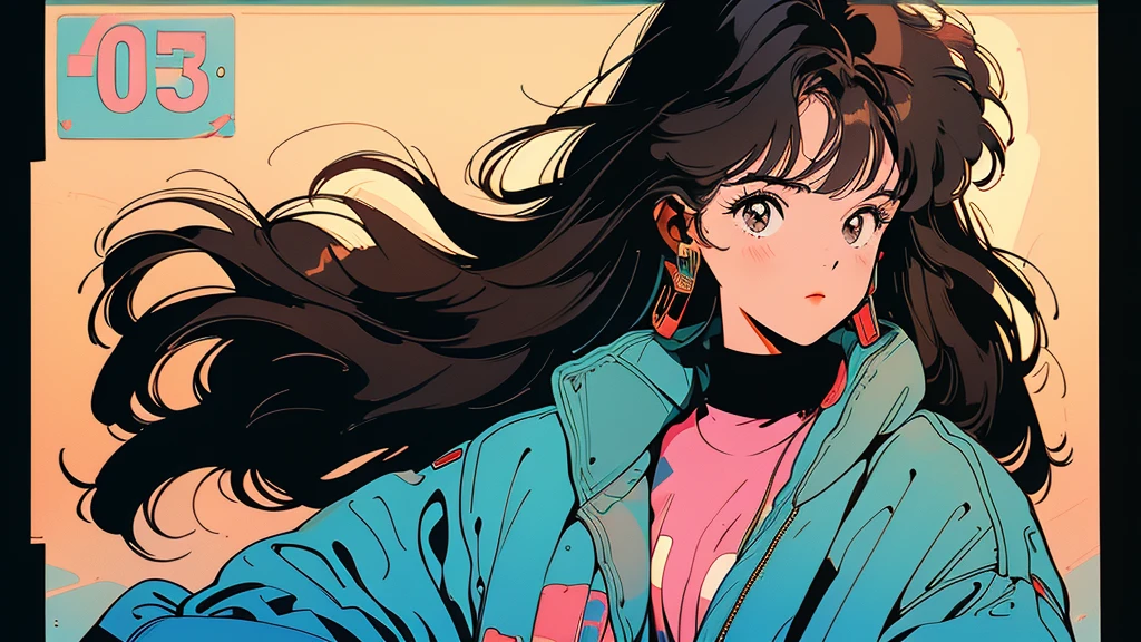 90s city pop vibes。Highest quality。A beautiful woman with long, straight brown hair。The subject is standing alone.。The background is solid white、Records lined up。listening to music on a cassette tape。Earphones in the ears。