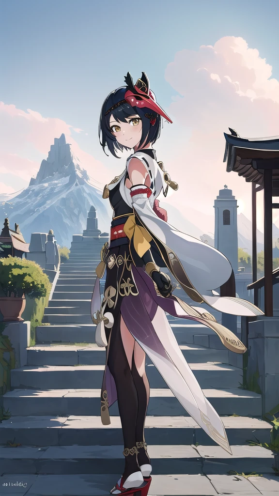 kujousaradef, upper body, smile, full body, blush, outdoors, day, simple background, blue sky, short hair, sky, temple, looking at viewer, stairs, mountain, moody lighting, facing viewer, cute face,