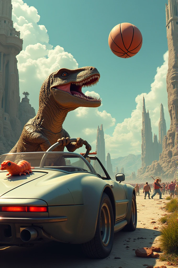 A dinosaur riding a car about to shoot a basket with a shrimp and an epic fight in the background