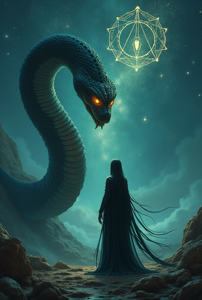 Lilith speaking to her essence the giant black Mamba Serpent with glowing alchemist symbols in the black sky 