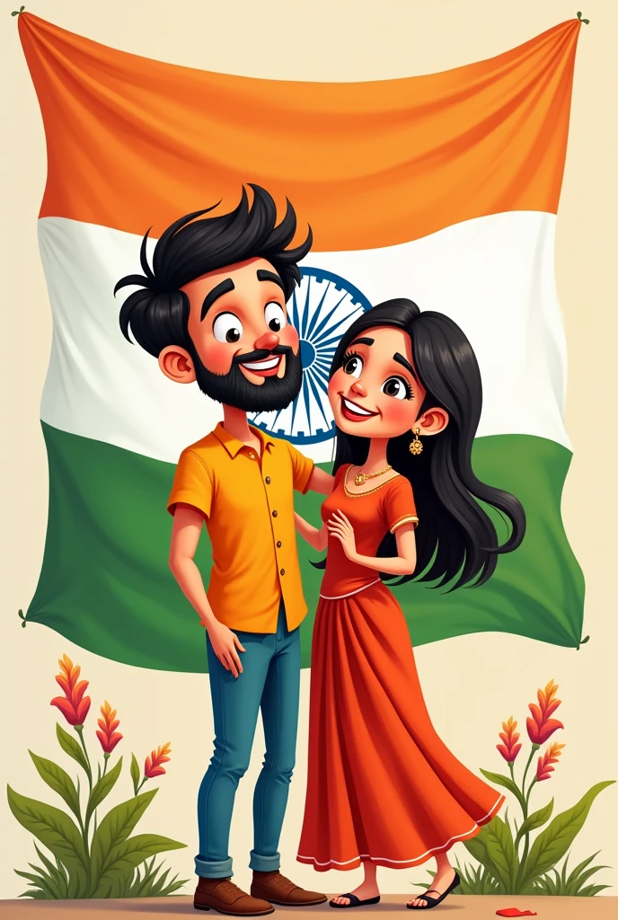 Cute couple with indan flag cartoon