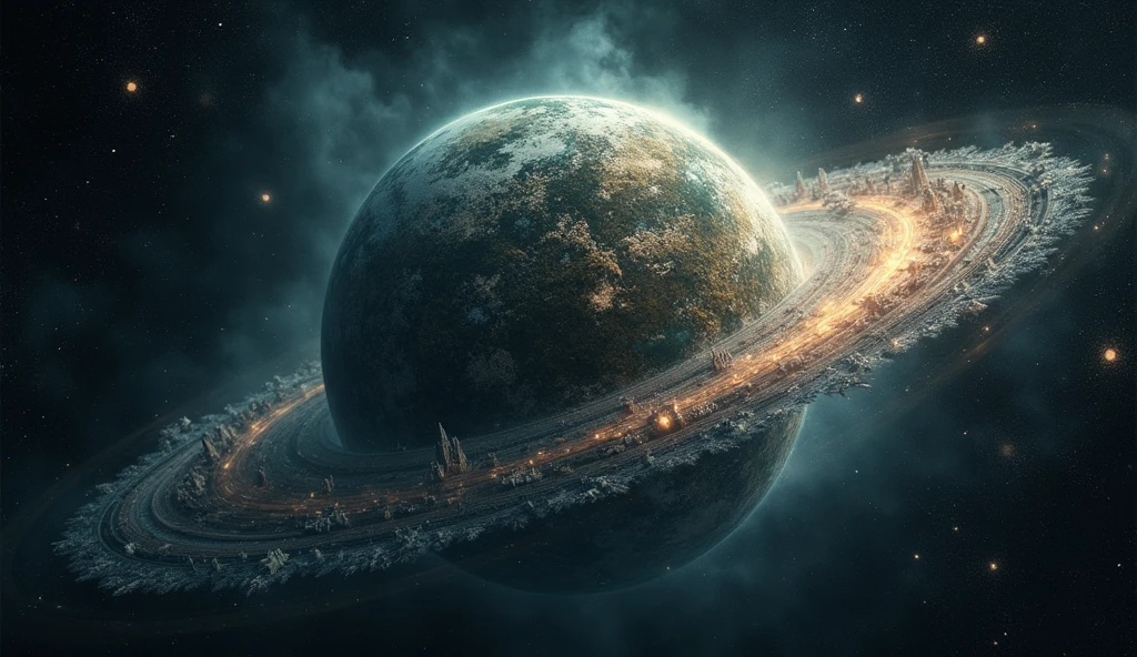 The camera pulls back from a dark void, revealing a vast, swirling sphere resembling a model of the multiverse. Orbiting around it are various worlds – from futuristic cities, medieval castles, post-apocalyptic wastelands, to fantastical realms filled with magic.