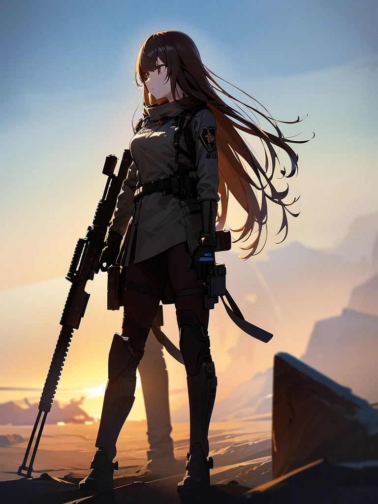 Get noticed, Holding_gun, assault_rifle, Very detailed, Brown Hair, Long Hair, Anime Style, whole body, alone, Stylish Gunfighter Girl, スチームパンクの長gun身ピストルを持っている,Standing in the Wilderness, 8K high resolution, White Background, The background is a dark and desolate landscape, Horror movie atmosphere. Her figure is very beautiful, Emphasizing the dark and crazy elements. Skillfully expressing the effects of light and shadow, Anime girls with guns and rifles, from girl&#39; Forefront, Mechanized Soldier Girl, girl&#39; Forefront style
