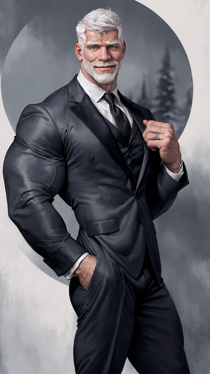 Highly detailed paintings, portraits, works of William-Adolf Bouguereau, Finnish Tom, Gaston Bussier, Alfons March, ethereal, poetic pastoral. Handsome Magazine! Beard, short hair, small head and tall man, wearing a black and gray open suit, open white shirt!!! ( 8K, masterpiece, best quality, high resolution, super detail) elegant! Fashion background!! HD, 8k, thin and tall! Muscled, chest hair, hairy chest muscles! Smirk, masterpiece, best quality, high resolution, detailed background, strong body, very, male, he is about 40 years old, strong and handsome, muscular tissue, too many muscles, chest muscles! Detailed background, best quality, masterpiece, (muscle: 1.5), (white hair: 1.5)