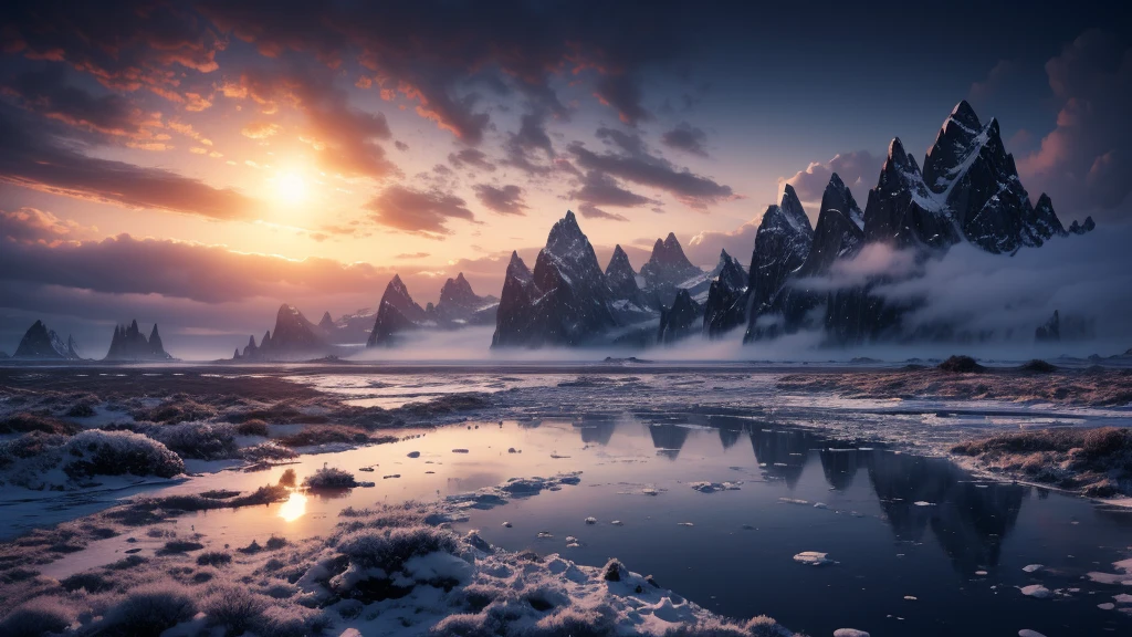 a frozen, endless landscape of Siberia, vast snowy plain, twilight sky, no trees only ice and snow, terrein, snowcapped mountains on the horizon, (best quality,4k,8k,highres,masterpiece:1.2),ultra-detailed,(realistic,photorealistic,photo-realistic:1.37),highly detailed,cinematic lighting,dramatic lighting,moody atmosphere,muted color palette,cold temperature,bleak,desolate,eerie,haunting,ominous,blizzard,whiteout,snowstorm