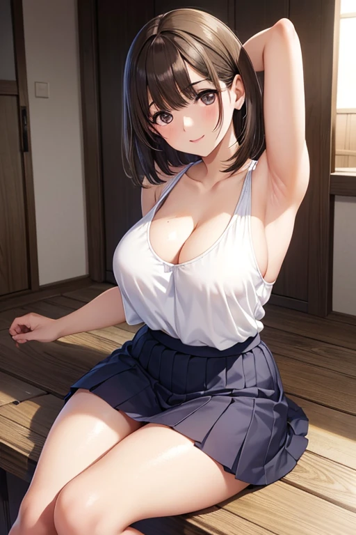 anegasaki nene、Shiny brown hair, short hair, (Beautiful brown eyes、Sparkling eyes, Fine grain)、smile、Ultra-detailed eyes、Highly detailed face, Highly detailed eyes,
real japanese women,Big eyes,Narrow waist,High resolution,Fitted sleeveless camisole,European and American butt,street,Sitting,Calf,Plump thighs,Fair skin,after that,Short skirt,Showing cleavage,Show me your armpits,Show your ears