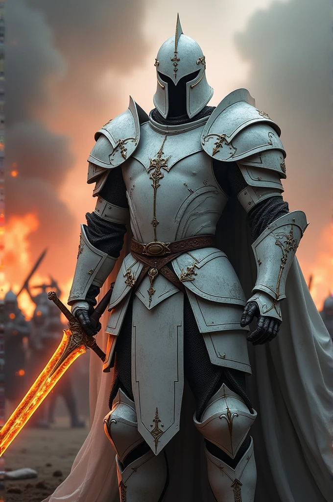 A stunning, highly detailed dark fantasy full body illustration of a proud warrior wearing intricate medieval white HKStyle armor and an epic helmet, holding a glowing sword in his hand, wide shoulders, wearing gauntlets, epic composition,( Positioned in a battlefield:1.1), battle on background, sword in his hand, with insanely intricate details and textures, gloomy dramatic lighting, 8K resolution, HKStyle, photorealistic, realism, 4k, Masterpiece, defeated enemies