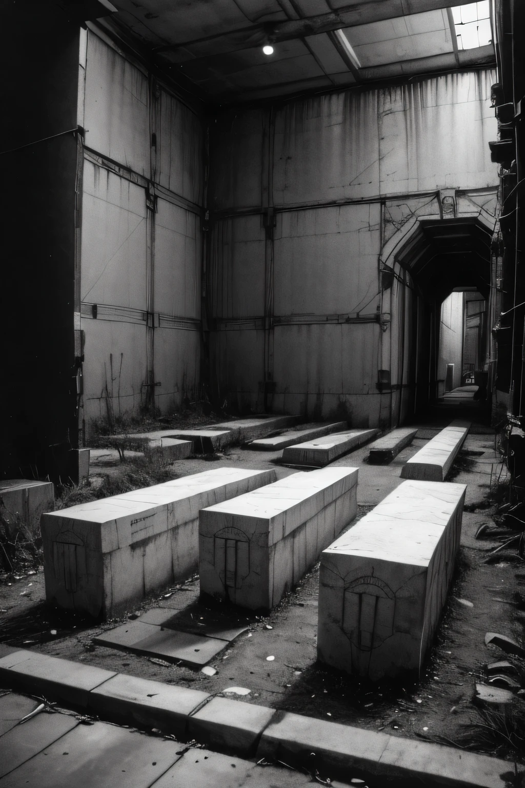 An industrial styled cemetery for ww2 with open tombs, black and white and purple