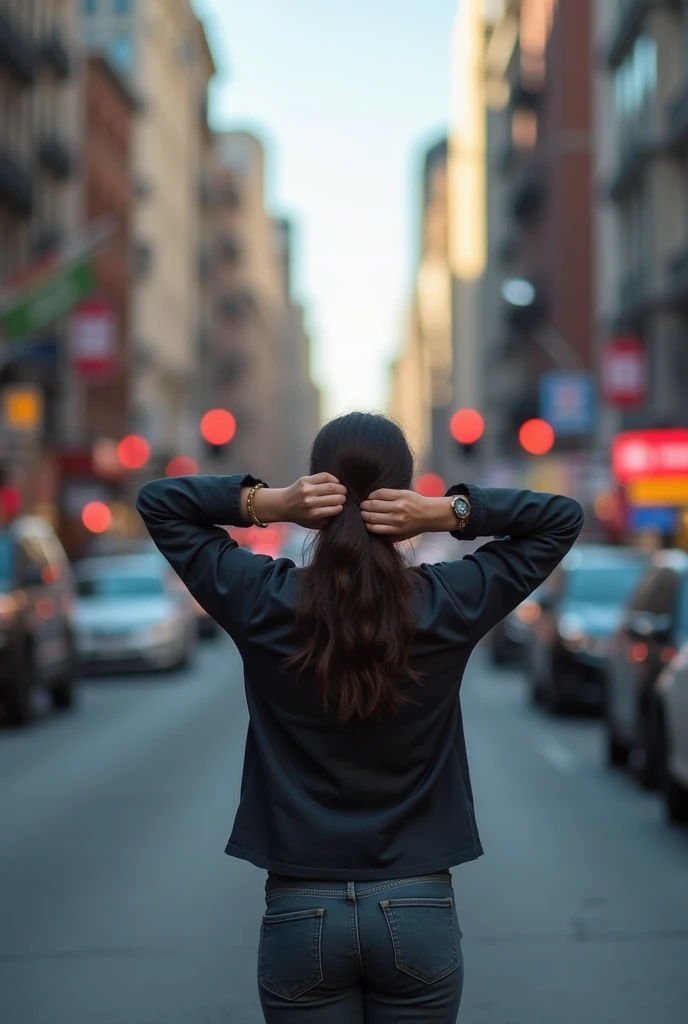 A person stands in the middle of a busy city street with their back to us, looking down with their hands in their hair. What are they thinking about? Where are they headed?