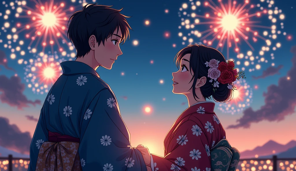 (best quality, masterpiece, ultra detailed), Japanese men and women look up at the beautiful fireworks shining in the summer night sky. The man is wearing a yukata, and the woman is also wearing a gorgeous yukata. The two are holding hands and looking at the fireworks with smiles on their faces. A scene that exudes a romantic atmosphere.