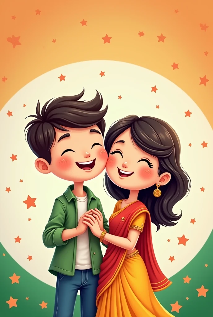 Cute couple with indan flag  cartoon 