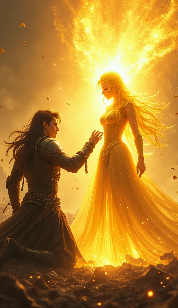 In the midst of the chaotic battlefield, Voltex, with his short, dark hair, kneels before the Radiant Princess. Her golden gown glows with divine energy as she gently places her hand on his head. The moment she does, a surge of powerful light flows into Voltex, causing his black armor to radiate a golden glow. As the energy courses through him, his short hair begins to grow, transforming into long, flowing locks that shimmer with golden light. His eyes blaze with a intensity as the transformation completes, his hair now a radiant mane of gold, cascading down his back. Empowered and transformed, Voltex rises, his entire being infused with the Princess’s light. He raises his sword, now pulsating with golden energy, ready to unleash a devastating "Shadow Eclipse." The battlefield is illuminated by his golden aura, the darkness pushed back by the overwhelming power of light and shadow combined. The scene captures Voltex’s dramatic transformation from a warrior with short hair to a radiant, long-haired champion of light.