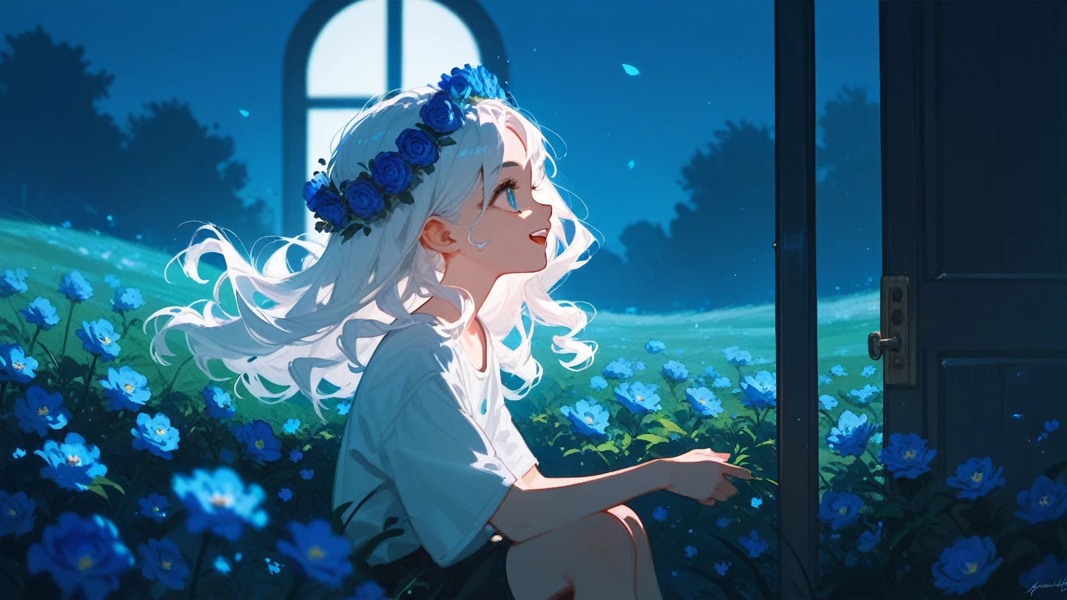 A young girl，Extra-long white curls，Blue flowers on head，Sitting in a field of blue flowers，Open your mouth，Smile，Movie Lighting，out-of-door，moonlight，The character is on the left，Profile，Reach out and invite