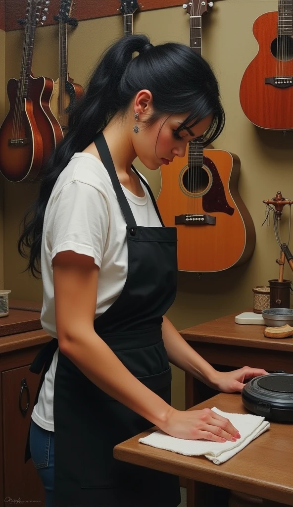 An oil painting of a woman in her late twenties with long black hair tied back and wearing a black apron, cleaning in a guitar shop