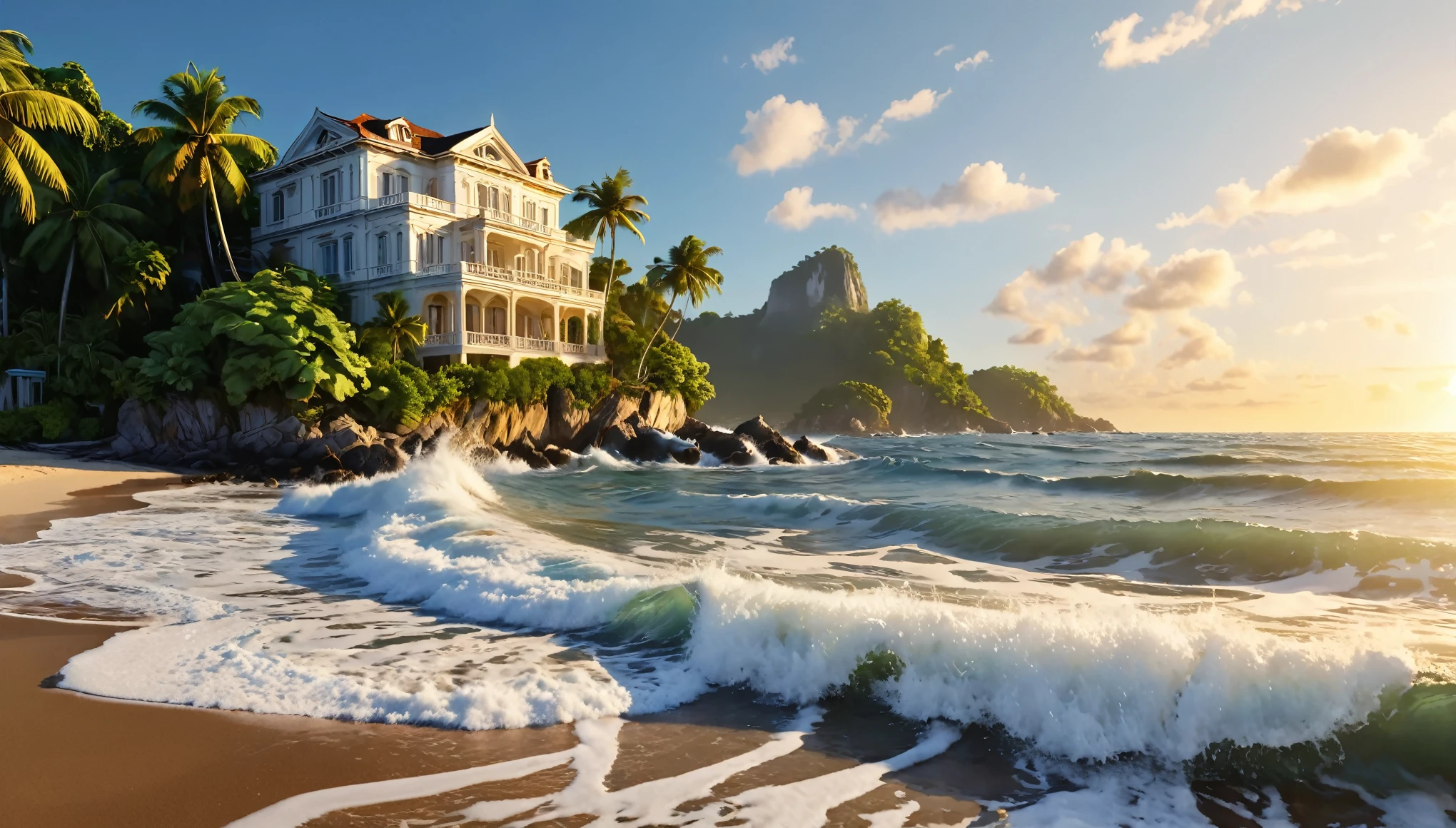 Sunset Beach、(ultra-Detailed Background, Detailed Background), Absurd, High resolution, Super detailed, Very detailed, pealing waves, offshore island, beautiful beach mansion, white marble and gold reflections, tropical foliage,