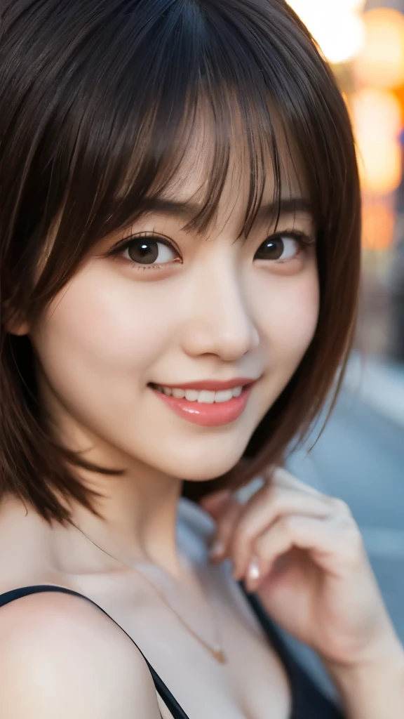 a beautiful young female college student, smiling, in an urban setting, wearing cute casual clothes, with a perfect body and fingers, professional lighting, gravure photoshot, extremely detailed face and skin texture, fine grain, RAW photo