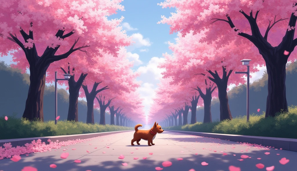 (masterpiece:1.2,Highest quality,Highest quality),(Very detailed),(An illustration),8k,wallpaper,Beautiful landscape photography,Japan,Cherry Blossom Tree Street,Cherry blossom petals falling,Small dog turning around