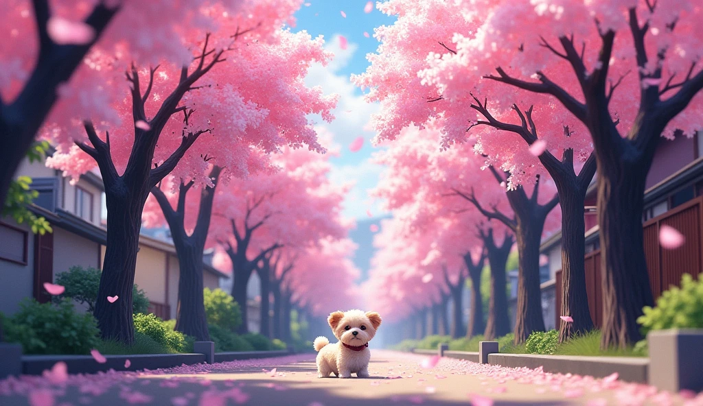 (masterpiece:1.2,Highest quality,Highest quality),(Very detailed),(An illustration),8k,wallpaper,Beautiful landscape photography,Japan,Cherry Blossom Tree Street,Cherry blossom petals falling,Small dog turning around