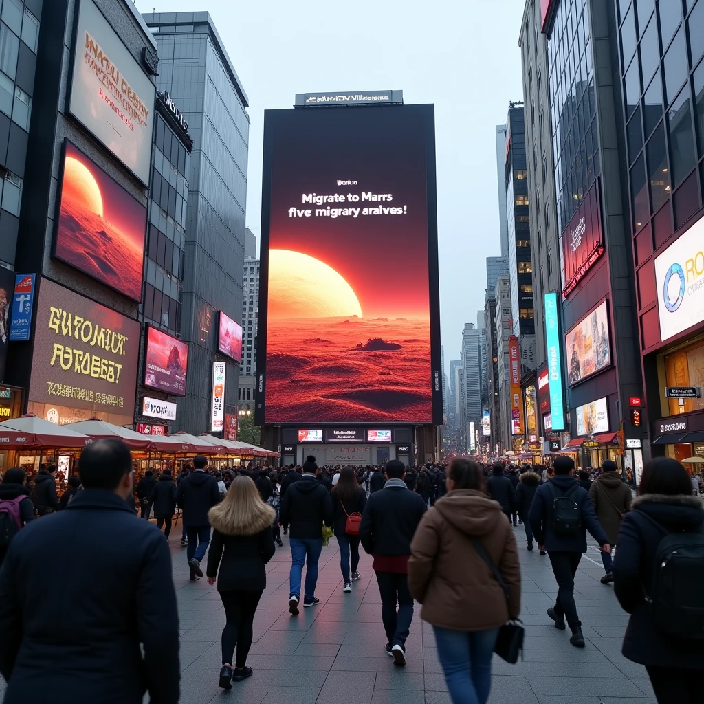 The streets of Tokyo, where people come and go. A commercial encouraging people to migrate to Mars runs on a huge monitor display.