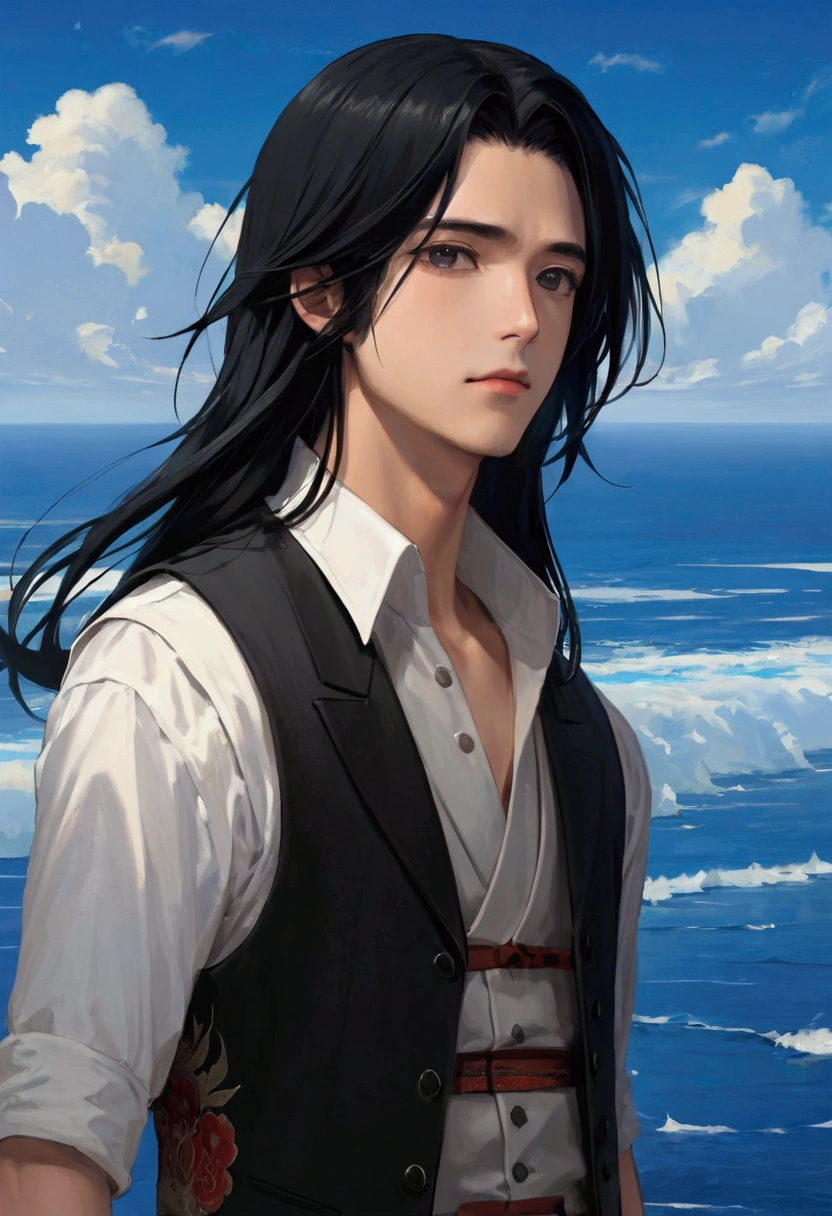 a young man with long Black Hair and a vest on standing in front of the ocean with a blue sky空, (1 Girl:0.955), (Bangs:0.575), (black eyes:0.572), (Black Hair:0.709), (blue sky空:0.985), (Shut up:0.536), (cloud:0.927), (sky:0.980), (horizon:0.816), (Japanese clothes:0.511), (Lips:0.7), (Long hair:0.775), (Looking at the audience:0.811), (nose:0.534), (ocean:0.950), (outdoor:0.734), (Practical:0.814), (sky空:0.988), (Solitary:0.937), (Upper Body:0.557), (water:0.600)