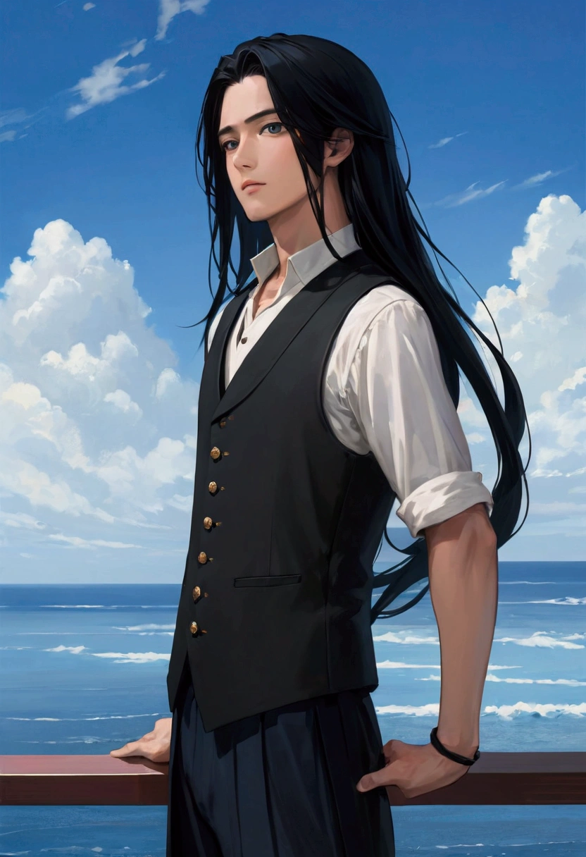a young man with long Black Hair and a vest on standing in front of the ocean with a blue sky空, (1 Girl:0.955), (Bangs:0.575), (black eyes:0.572), (Black Hair:0.709), (blue sky空:0.985), (Shut up:0.536), (cloud:0.927), (sky:0.980), (horizon:0.816), (Japanese clothes:0.511), (Lips:0.7), (Long hair:0.775), (Looking at the audience:0.811), (nose:0.534), (ocean:0.950), (outdoor:0.734), (Practical:0.814), (sky空:0.988), (Solitary:0.937), (Upper Body:0.557), (water:0.600)