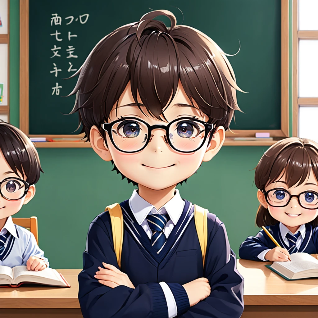A cute boy、anime、mascot、Primary school students、Teacher with glasses