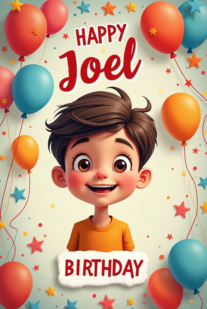 Birthday poster with balloons and decorations with a portrait of a  and his name "Joel" below the portrait 