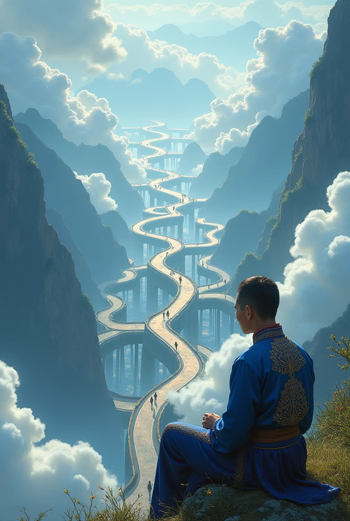 create a man around twenty years old, he wearing Hmong clothes in his clothes have blue and black colors. He is sitting on the heaven road side. This raod have nine intersections raods . It have many cloudy in roads side and have many people walking on these roads.