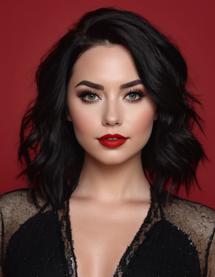 A waist-up portrait of a beautiful female whose face combines features of Grace Phipps + Demi Lovato. The female has lovely makeup on her face. The female wears red lipstick. Symmetrical eyes. Symmetrical face. Lovely details. Photorealistic. Full-colored photo. Professional photo. Highly detailed 8K.