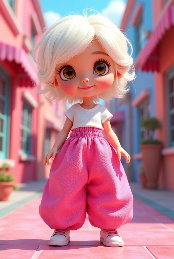 Cartoon Barbie with white hair ,short ,brown eyes dressed in oversized pink pants and white blouse