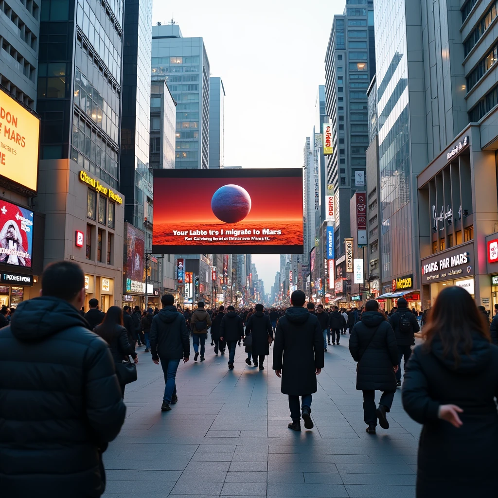 The streets of Tokyo, where people come and go. A commercial encouraging people to migrate to Mars runs on a huge monitor display.