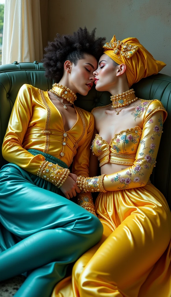 two lying non-binary androgynous transvestite crossdressing queer transgender male shemales who are making love while lying with each other lecherous on a cafe lounge, glossy clothing with nubs and buffers, satin blouse, pleated cuffs, perforated satin scarf, holed hijab permeable, transparent slick gloves, flowery holed latex rococo green teal hijabi, glossy perforated satin leggings, latex diaper, long glossy shorts, liquid-lacquered pantyhose leggings, glossy collar, belted mouth black glossy veil, latex skirt leggings covered, high gloss legging trouser skirt pockets, knob-front, button placket, jezebel high-collar wearing multi-layered high gloss clothing perforated, fluffy eyebrows insanely thick, arousing, enormous perverted, sensual lewd, holed latex trouser, brown wide glossy belt, printed rose hips, bow style glossy flowered headscarf fully covered, gloss bolero, flowery jilbab satin floral hijab veils blouse tunic, very long sleeved latex clothing, floral mouth purple brown lipstick, glossy flowery satin liquid-lacquered mint red belt with knobs, wearing teal yellow mustard colored holed perforated layered slick vest-blouse from top to bottom with knee length satin boots and a floral latex leggings over the pleated blouse with latex long tunic-blouse and pockets, tripple belt brown purple, floral satin high collared long sleeve blouse with buttons and knobs, high-necked liquid-lacquered high collared long leg romper, glossy-satin coat, floral chest-blouse, very high collared blouse made of satin and PU faux glossy-satin with latex floral face golden black hijab and pockets, so much floral satin high collared blouson with button placket, long open button-front blouse hanging, satin high collar, satin gloves, plissee pleated glossy longskirt with knobs, slick long trousers, buttoned slick skirt, pockets, knobs, a lot of bows, flowery satin hijab knobbed, floral latex and glossy-satin hijab long buttoned, liquid-lacquered fashion