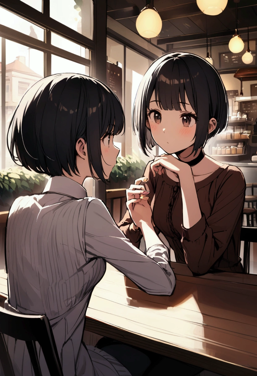 slender,a young girl,pixie cut,black hair,Cafe,Talking to friends