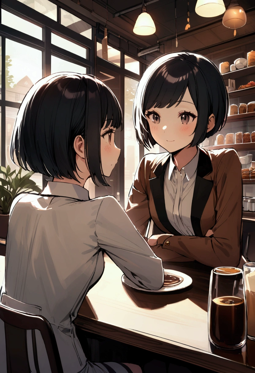 slender,a young girl,pixie cut,black hair,Cafe,Talking to friends