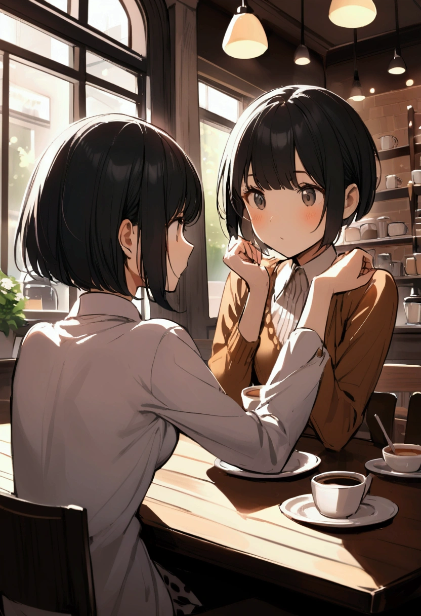 slender,a young girl,pixie cut,black hair,Cafe,Talking to friends