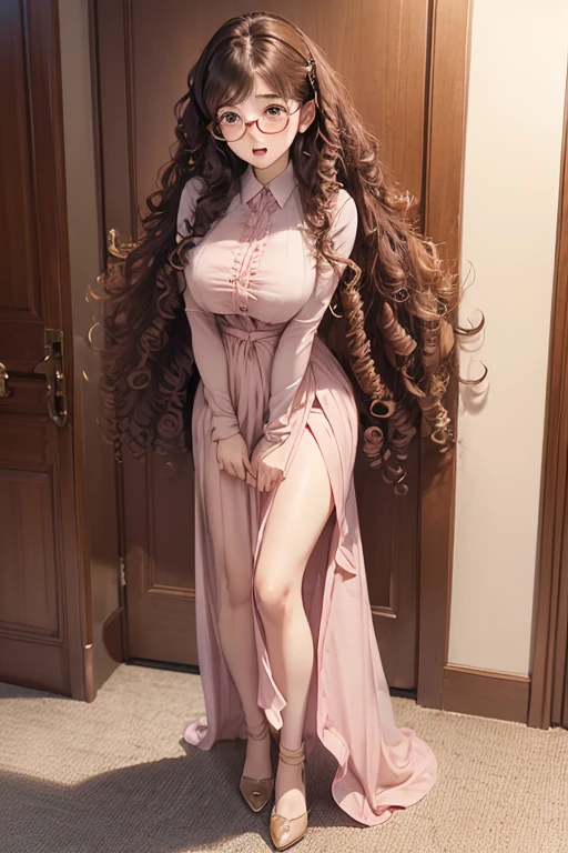 1 female,Brown Hair, ,((Anxious expression)),Beautiful breasts,uniform,stylish,,(look forward to)(((blush、Surprised expression)),(((Curly Hair、Long Hair))),(((Full body portrait)))Frameless Glasses
