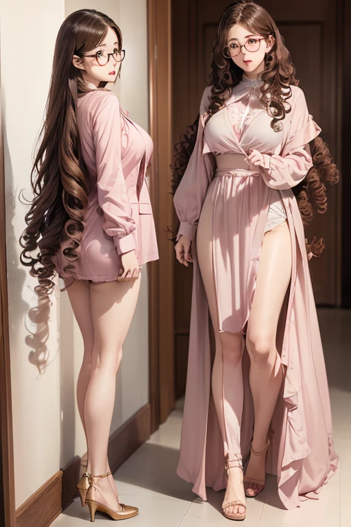 1 female,Brown Hair, ,((Anxious expression)),Beautiful breasts,uniform,stylish,,(look forward to)(((blush、Surprised expression)),(((Curly Hair、Long Hair))),(((Full body portrait)))Frameless Glasses