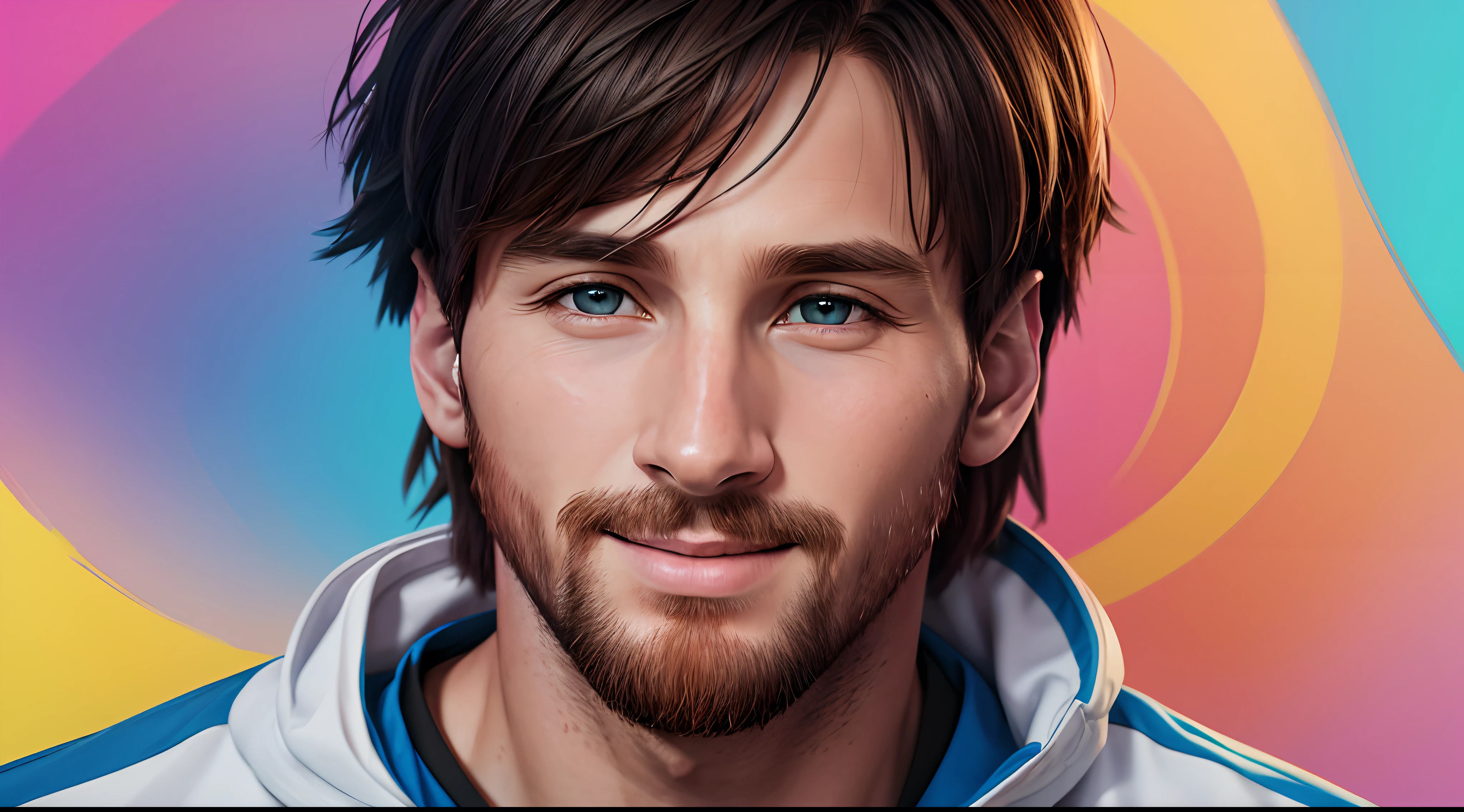 "Messi smiling picture is a real masterpiece with masculine beauty, perfect ???????. Olpntng style, colorful rainbow, t-shirt design, clean design, epic Instagram, artstation, full of color paint streaks, wlop, contour. When you look at his beautiful eyes, you will see clearly every small detail and perfect line, every detail on the skin is beautiful in 8K quality , people will be captivated by the confidence radiating from every look. The face is drawn meticulously in every detail with 8K image quality.''