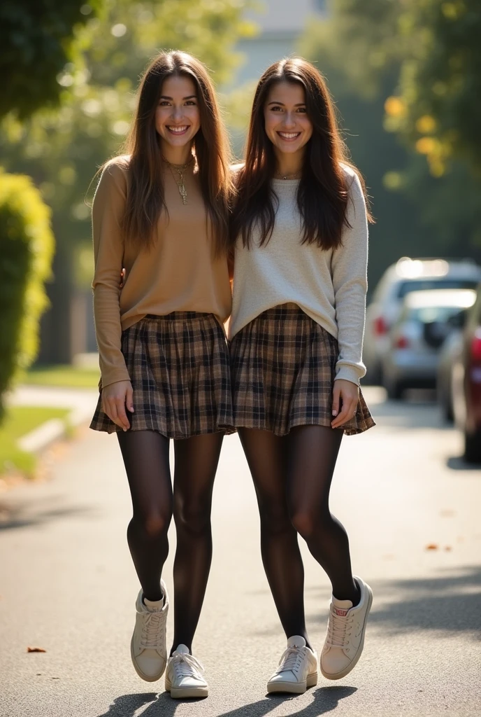 Show entire body, Feet in view, Aerial photography,  twins , Brown hair, skirt, black transparent tights, sneaker, neighborhood, Sunny day, smiling