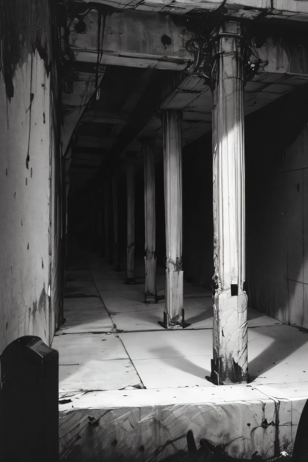 An industrial styled cemetery with open tombs and a infinite dark corridor, black and white and purple