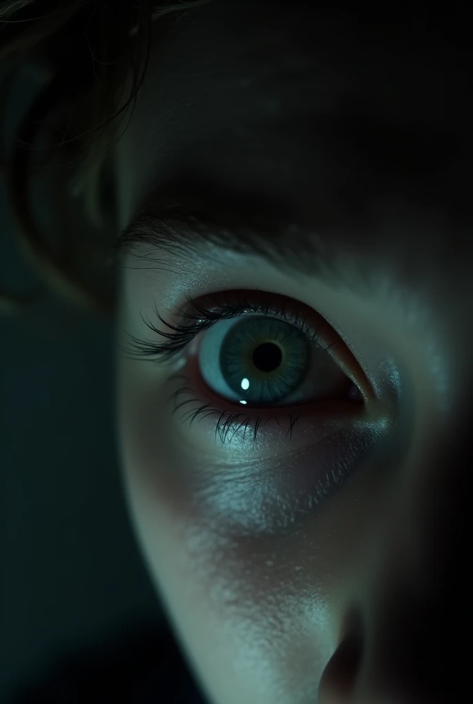 A dimly lit close up of a person's eye widening in fear