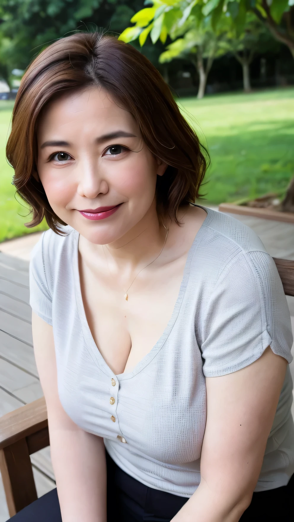 最high quality, In 8K, Masseter region, Genuine, Sharp focus, high quality, High resolution, Detailed face, fine grain, Thick lips, Background Blur, alone, Middle-aged women, , 65 years old, , Wavy Hair, Cleavage, Wearing a plain short-sleeved knit, sitting on a park bench, Wrinkles around the eyes, Smiling with teeth showing