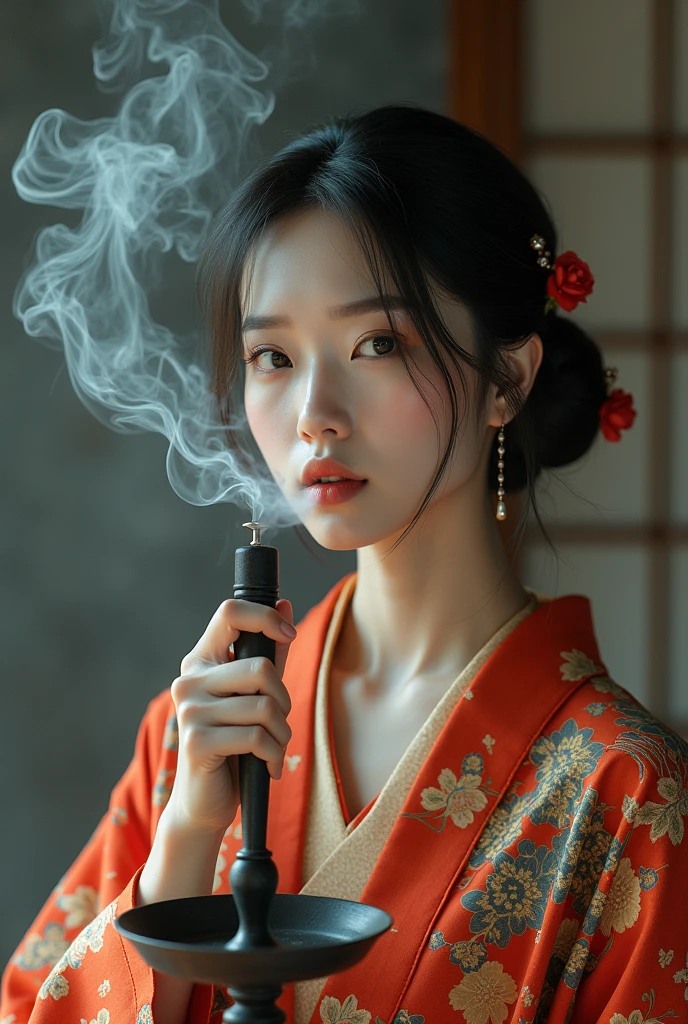 yukata Shisha sucking Beauty Exhale smoke Hookah Facing forward raw