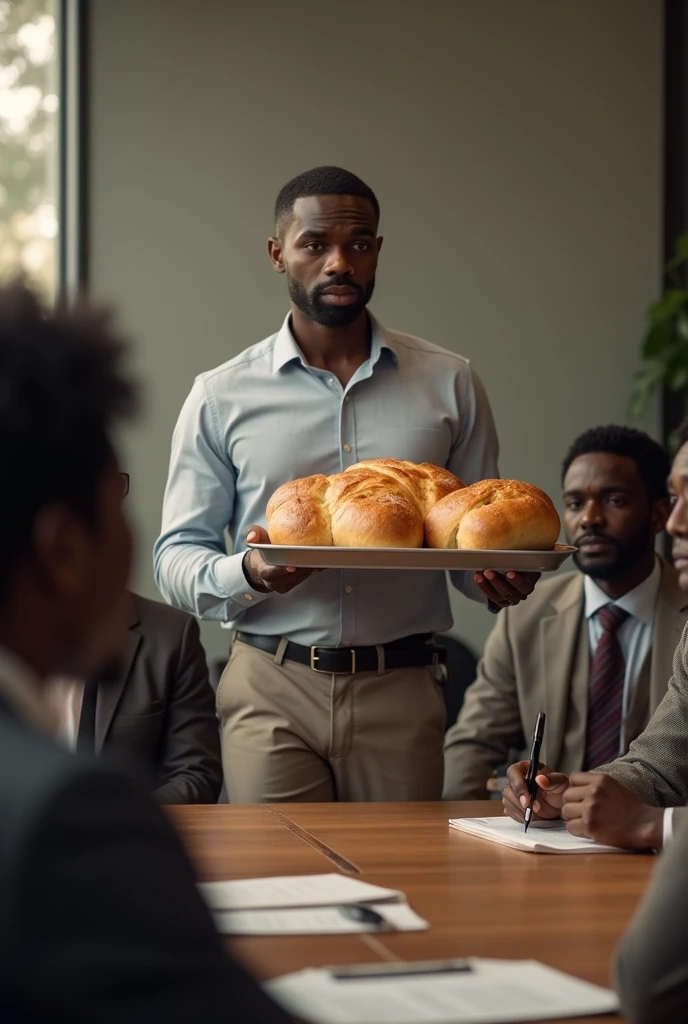 Black male person walks in during an office meeting filled with black people and faces them with tray of freshly baked bread