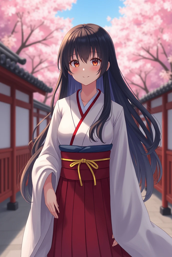 (Ultra-realistic), (picture), (High resolution), (In 8K), (Detailed), (Best illustrations), (Beautiful attention to detail), (Beautifully detailed face), (Highest quality), (非常にDetailed), (masterpiece), (wallpaper), (非常にDetailed顔), (Long black hair), (1 girl), (alone), (Detailed目, pale cheeks, Glowing Skin, Glossy Lips, Facial lighting), (Are standing:1.0), Camel Toe, (Large Breasts), (Large Breasts), (Thin thighs), (Narrow waist), (smile), (Miko costume), (Long sleeve), (Long hakama:1.2), (cherry blossoms), (shrine)