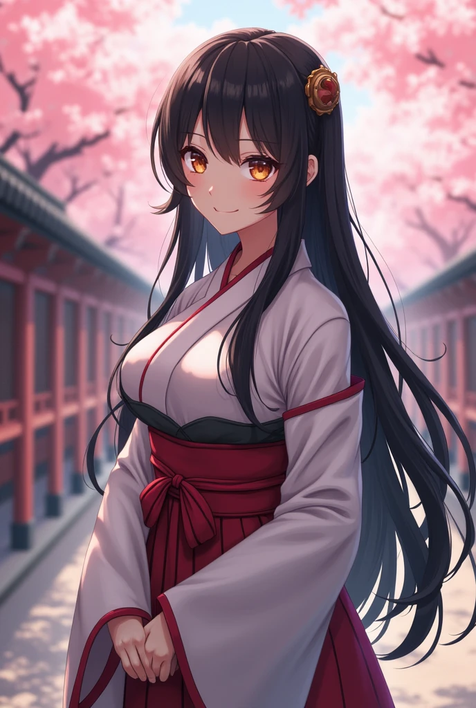 (Ultra-realistic), (picture), (High resolution), (In 8K), (Detailed), (Best illustrations), (Beautiful attention to detail), (Beautifully detailed face), (Highest quality), (非常にDetailed), (masterpiece), (wallpaper), (非常にDetailed顔), (Long black hair), (1 girl), (alone), (Detailed目, pale cheeks, Glowing Skin, Glossy Lips, Facial lighting), (Are standing:1.0), Camel Toe, (Large Breasts), (Large Breasts), (Thin thighs), (Narrow waist), (smile), (Miko costume), (Long sleeve), (Long hakama:1.2), (cherry blossoms), (shrine)