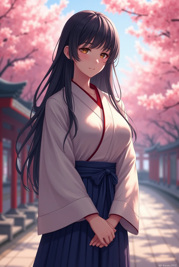 (Ultra-realistic), (picture), (High resolution), (In 8K), (Detailed), (Best illustrations), (Beautiful attention to detail), (Beautifully detailed face), (Highest quality), (非常にDetailed), (masterpiece), (wallpaper), (非常にDetailed顔), (Long black hair), (1 girl), (alone), (Detailed目, pale cheeks, Glowing Skin, Glossy Lips, Facial lighting), (Are standing:1.0), Camel Toe, (Large Breasts), (Large Breasts), (Thin thighs), (Narrow waist), (smile), (Miko costume), (Long sleeve), (Long hakama:1.2), (cherry blossoms), (shrine)